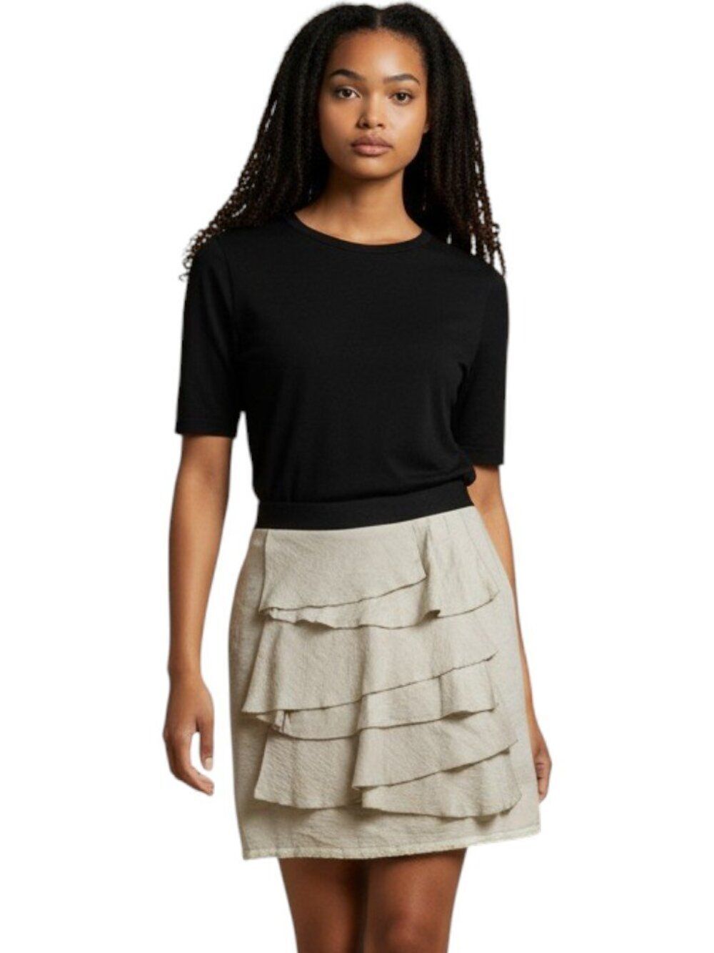 BCBG Max Azria Tiered Ruffle Mini Skirt Khaki Black Contrast Waistband Lined Sz2